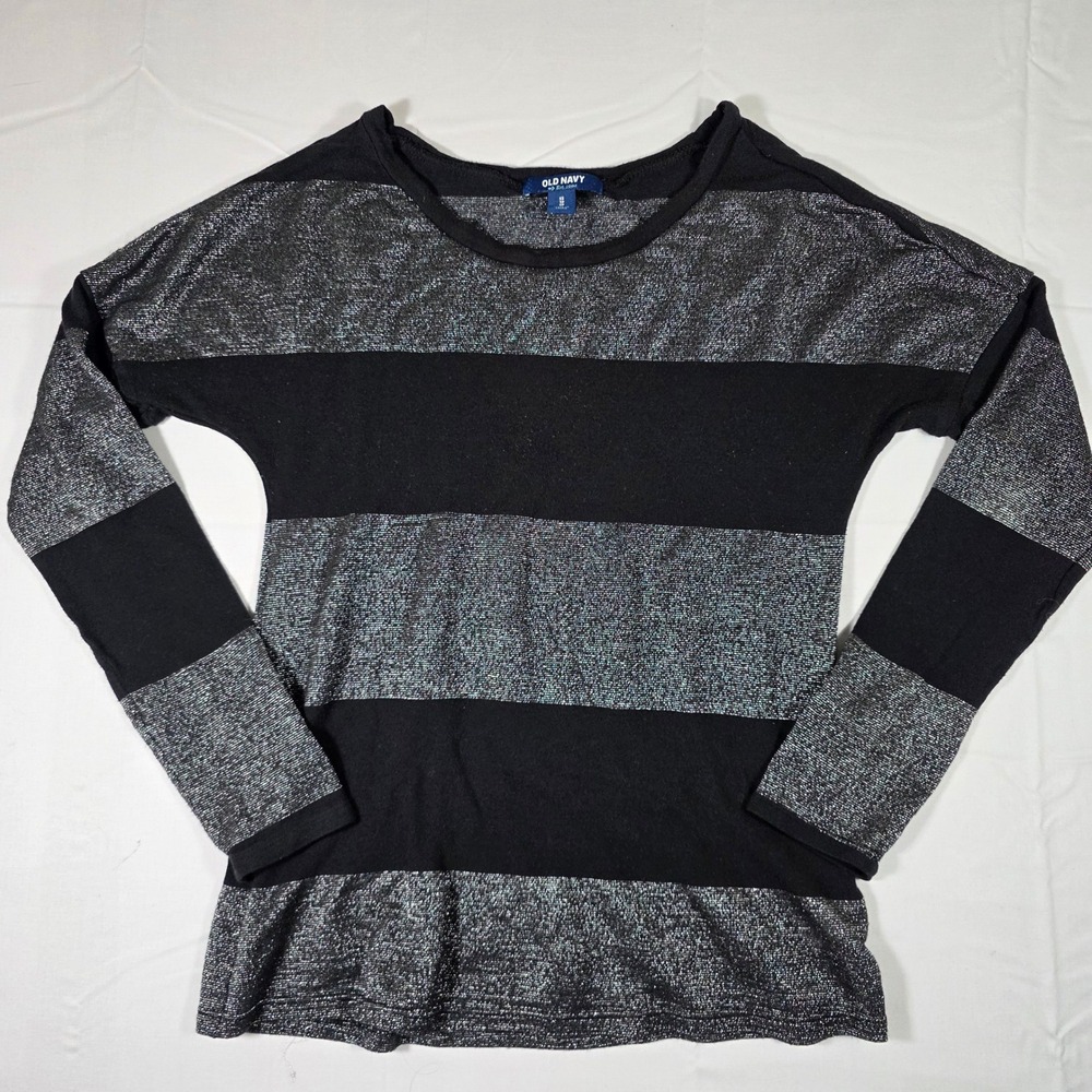 Old Navy Womens Black Silver Metallic Striped Long Sleeve Knit Top XS